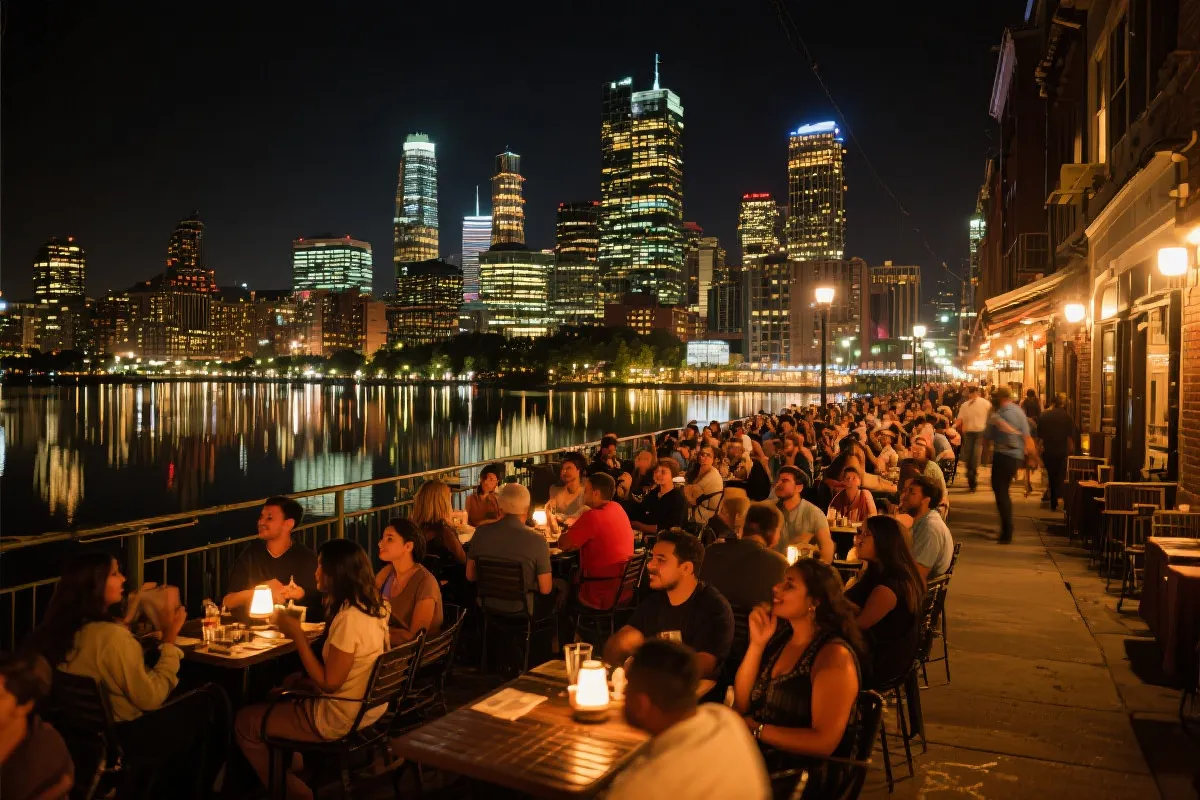 多伦多夜色街区：路边餐馆与露台，人群举杯观赛，城市天际线远景